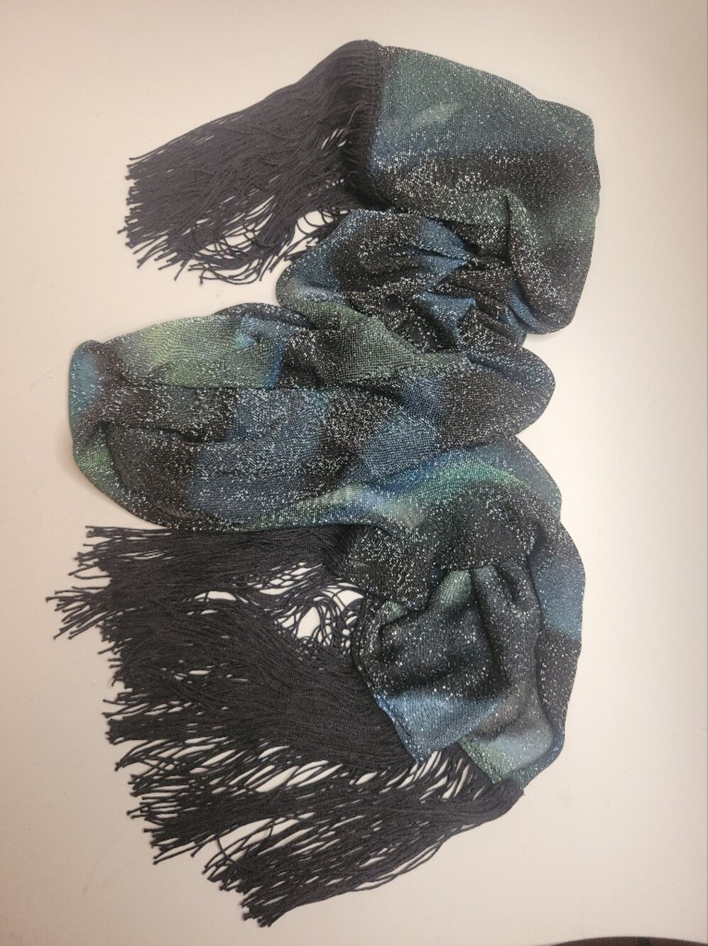 Lux Shimmer Fringe Scarf in Black Green and Teal
